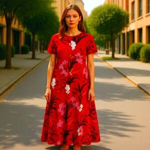 GILL Colourful Red Print Maxi Sheath Dress High Leg Slits Short Sleeves MP Size